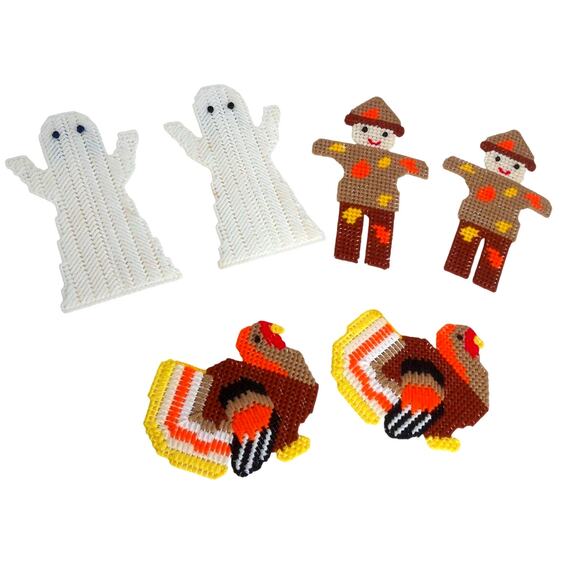 Vintage Canvas Needlepoint Halloween Thanksgiving Coaster Table Decor Set of 6 - Picture 6 of 6